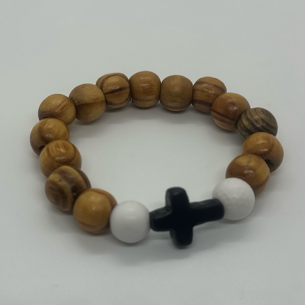 Wooden Bead Bracelet with Golf Balls. & Black Cross